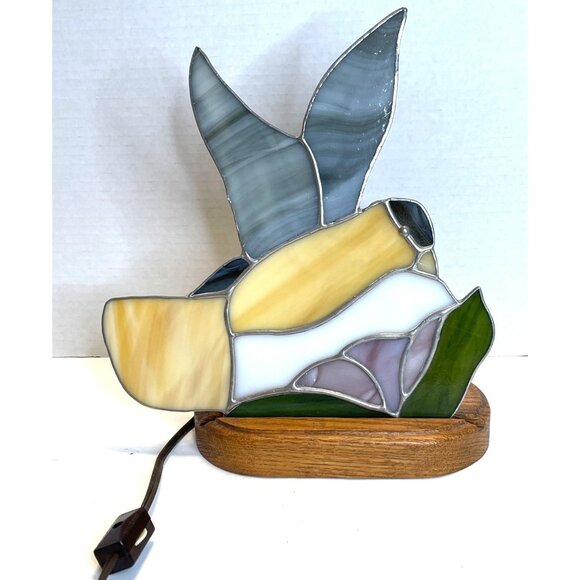 TIFFANY STYLE Stained Glass Hummingbird Flower Table Lamp Night Light Wood Base - Picture 2 of 10